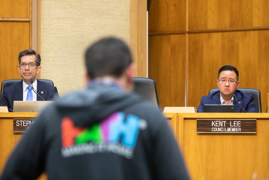 Councilmembers Stephen Whitburn and Kent Lee listen to public comment during a hearing over a proposed ordinance that would ban encampments on public land in the city of San Diego, April 13, 2023.