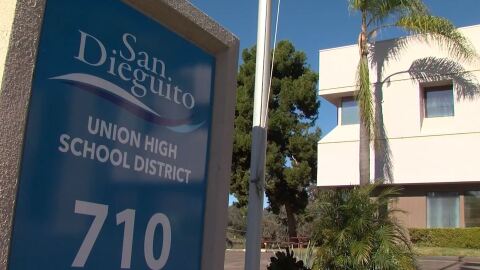 A sign outside of the San Dieguito Union High School District headquarters, April 21, 2022.