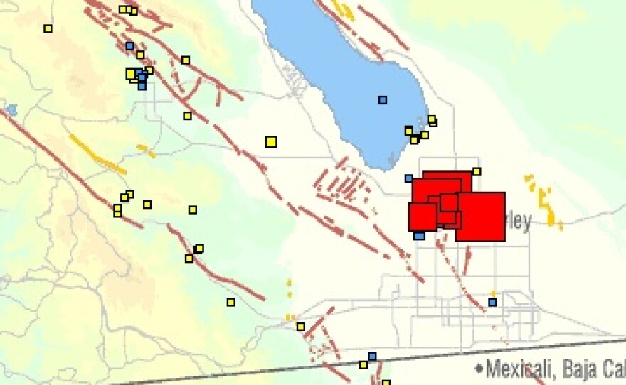 This USGS map shows the size and location of several moderate earthquakes that shook near Imperial Valley on Sunday, August 26, 2012.