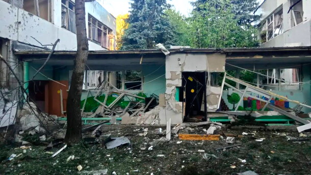 This photo, released by Moscow Region Governor Andrei Vorobyev's official telegram channel, shows a building damaged during a Ukrainian drone attack in Elektrostal, Moscow region of Russia, on Saturday, July 18, 2026.