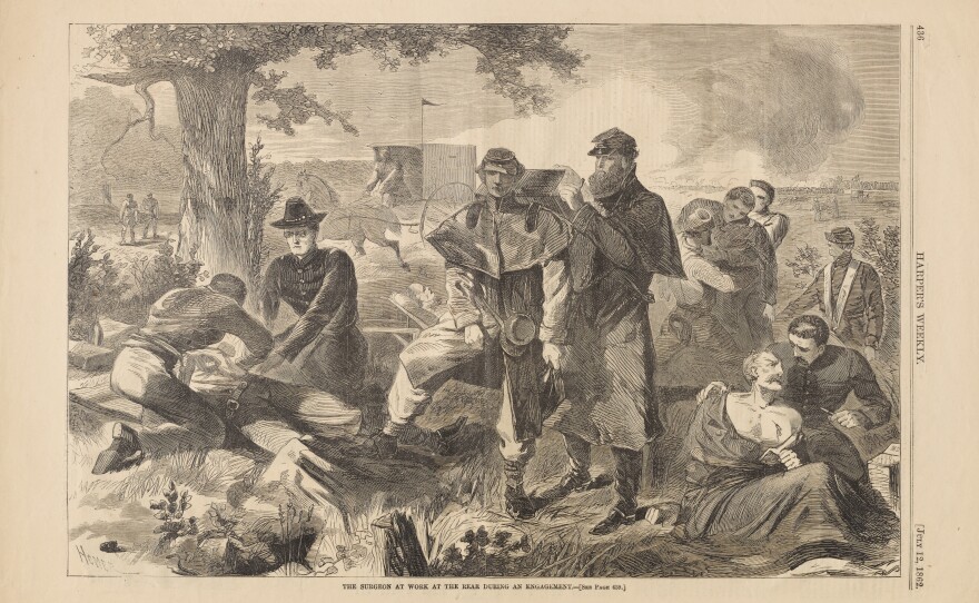 After Winslow Homer (American, 1836–1910), <em>The Surgeon at Work at the Rear during an Engagement</em>, 12 July 1862. Wood engraving on newsprint, image: 9 3/16 x 13 3/4 in. sheet: 11 7/16 x 16 1/2 in.