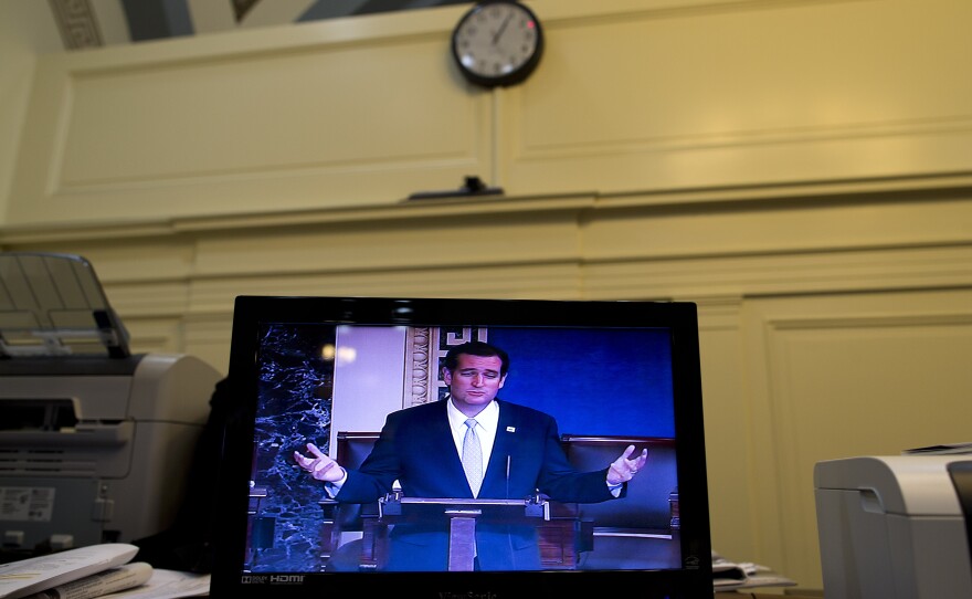 Sen. Ted Cruz, worked a rare Senate overnight shift as he kept up a lengthy diatribe against Obamacare (with many digressions.)