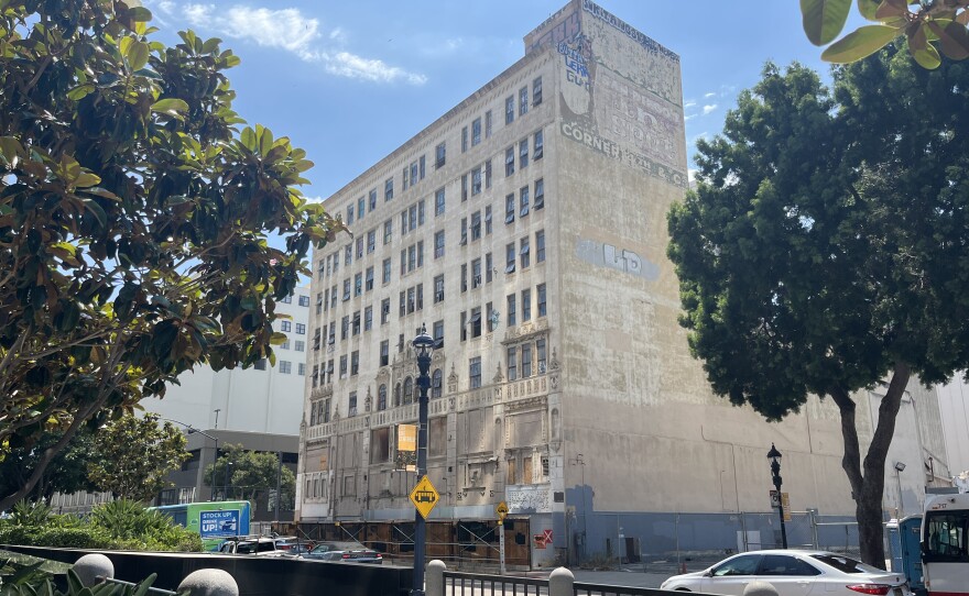 The exterior of the California Theatre building in downtown San Diego is seen from street level, Aug. 22, 2025.