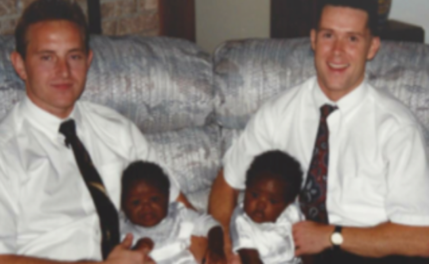 Paul Campion (right) and Randy Johnson with their newborn twins, who are now 20 and in college. "We thought originally that being a gay man meant not having a family because that's what we saw," Randy says. "We decided that that did not have to be the case for us."