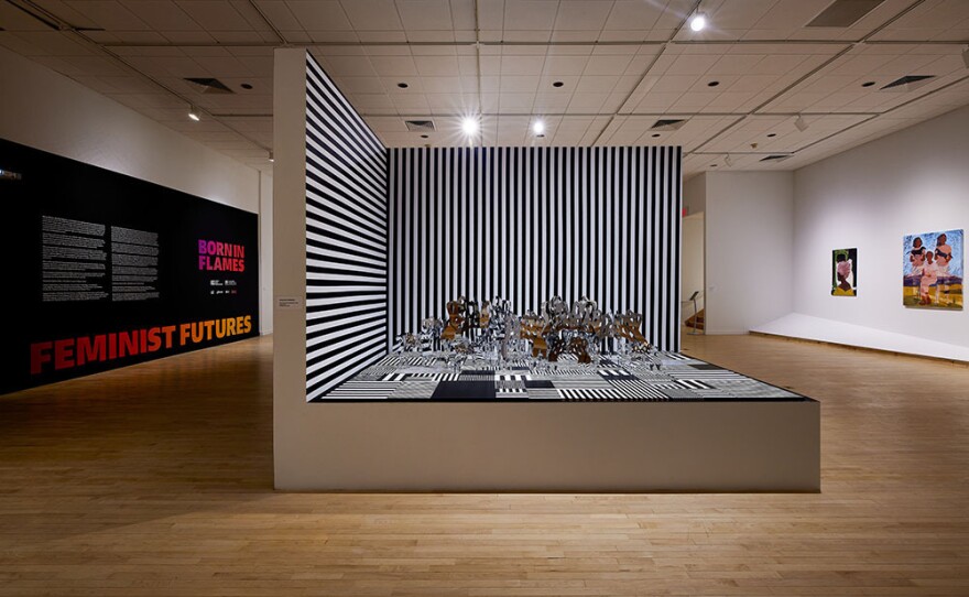 Shoshanna Weinerger's 2021 work <em>Traversing the Invisible Lines, </em>on view at the <em>Born in Flames: Feminist Futures</em> exhibition at The Bronx Museum of the Arts.
