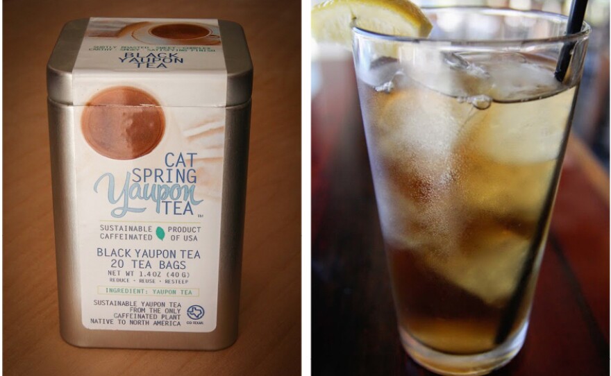 Left: A box of Cat Spring Yaupon Tea, produced by JennaDee Detro and her sister, Abianne Falla. Right: A glass of iced yaupon tea as served at Odd Duck, a farm-to-table restaurant in Austin, Texas.