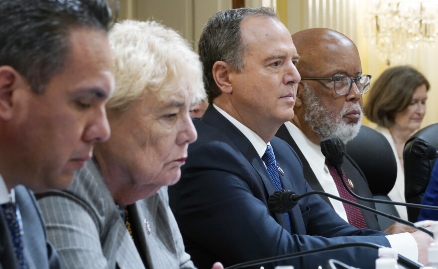Jan. 6 House committee members, from left, Democratic Reps. Pete Aguilar, Zoe Lofgren, Adam Schiff and Chairman Bennie Thompson, are on the ballot in November, as are Reps. Jamie Raskin and Elaine Luria.