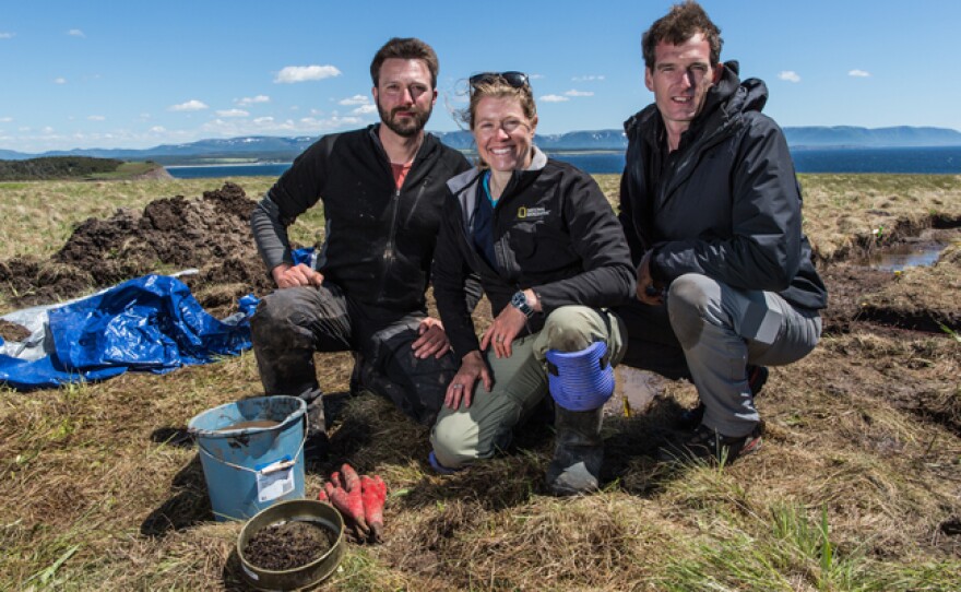 Dr. Doug Bolender, Dr. Sarah Parcak and historian Dan Snow on site in Point Rosee, Newfoundland.