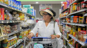 A shopper pushes a cart through a grocery store aisle in Cleveland, Texas.
