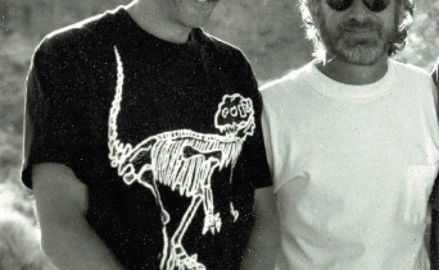 Don Lessem (left) stands beside Steven Spielberg on the set of <em>Jurassic Park</em>. During filming, Lessem was the dinosaur adviser. He's since written numerous kids' books on dinosaurs, and answered questions in his "Dino Don" column in <em>Highlights for Children.</em>