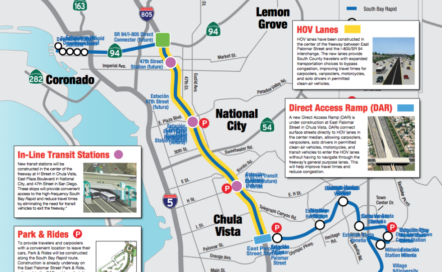 A January 2016 map shows the South Bay Rapid bus route and some of the features it will offer.
