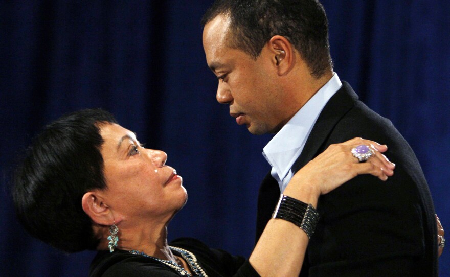 Tiger Woods talks to his mother Kultida Woods after acknowledging marital infidelities in 2010 in Ponte Vedra Beach, Fla.