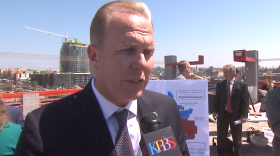 San Diego Mayor Kevin Faulconer talks to KPBS News in the East Village about funding to address homelessness, April 20, 2017.