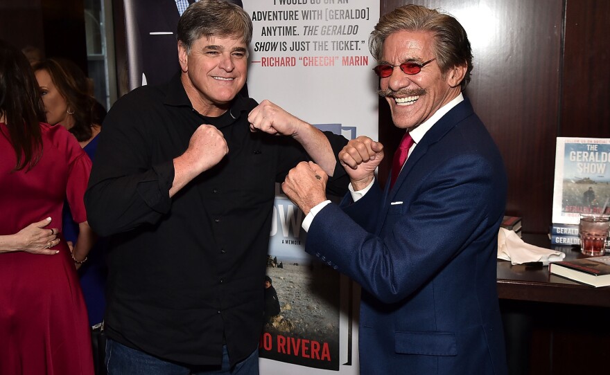 Geraldo Rivera pals around with Fox colleague Sean Hannity at the launch of Rivera's book <em>The Geraldo Show: A Memoir</em> in New York City in 2018.