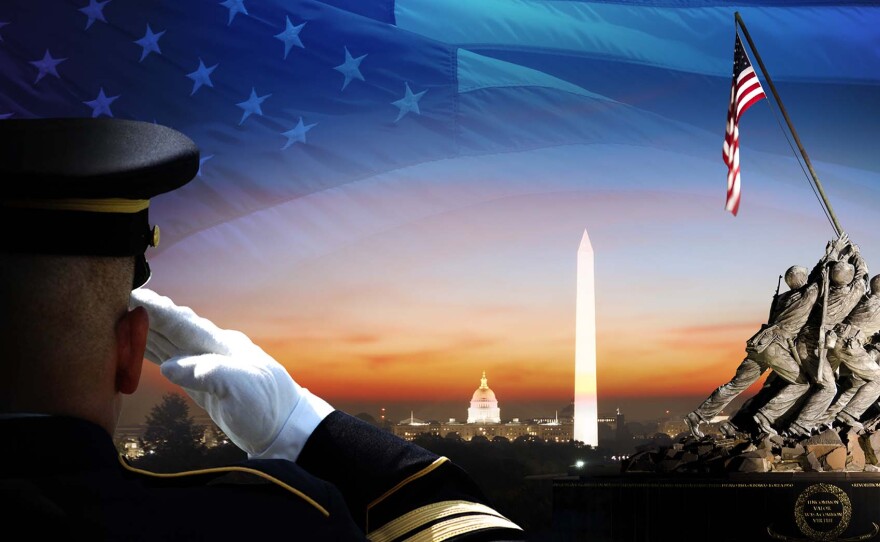 Military salute overlooking the skyline of Washington, D.C.