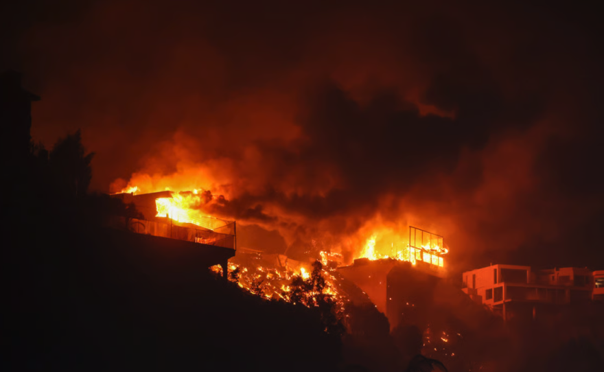 El incendio de Palisades quema casas en la colina junto a la Villa Getty el miércoles 8 de enero de 2025 en Pacific Palisades, California.