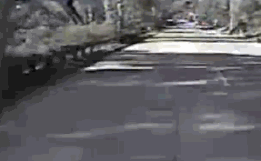 The view from a surveillance camera at the front of an MTS bus.