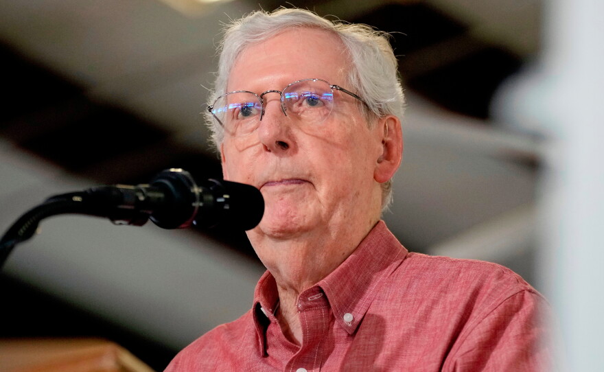 Sen. Mitch McConnell, R-Ky., speaks at an event, Aug. 2, 2025, in Fancy Farm, Ky.