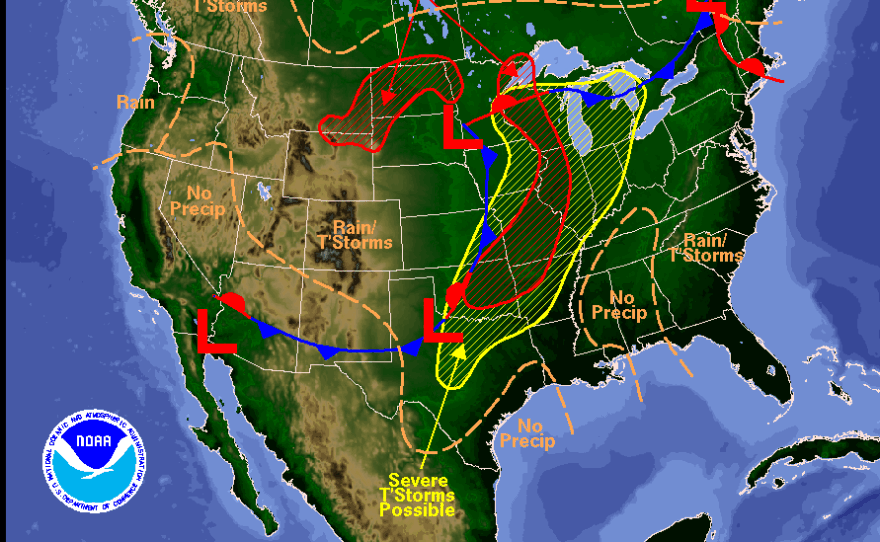 Anyone within the yellow line needs to be alert today. Severe weather is likely.