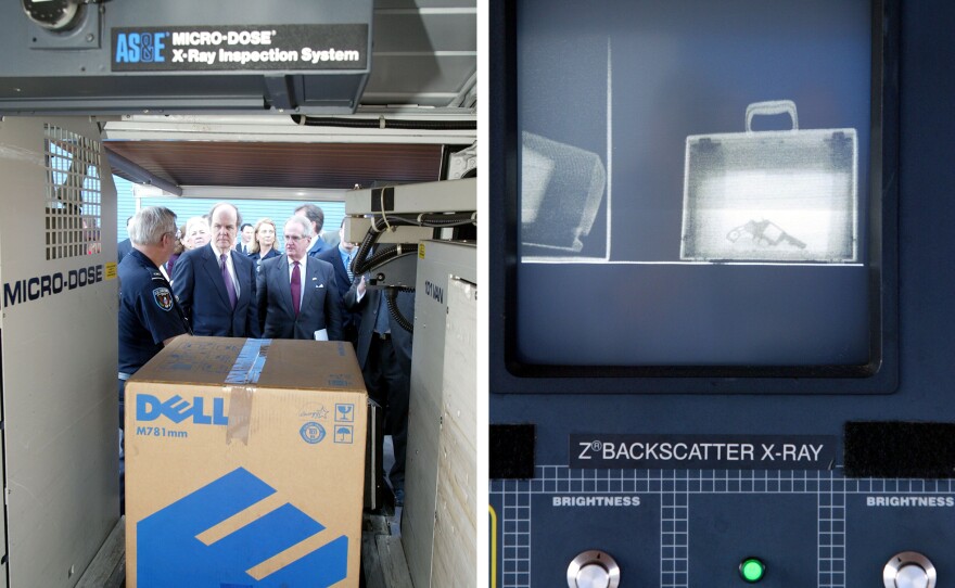 Left: On Jan. 24, 2002, at Port Everglades in Florida, customs inspector Lance Howard (left) demonstrates the operation of the American Science and Engineering Micro-Dose 101 X-ray machine to Customs and Border Protection Commissioner Rob Bonner (center) and Immigration and Naturalization Service Commissioner Jim Ziglar. Right: A handgun inside a briefcase is displayed on the machine's screen.