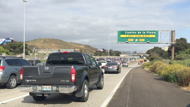 A truck waiting in southbound traffic to cross the U.S.-Mexico border into Tijuana, May 10, 2017. 