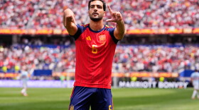 Spain's Mikel Merino (6) celebrates scoring their second goal during the World Cup quarterfinal soccer match between Spain and Belgium in Inglewood, Calif., near Los Angeles, Friday, July 10, 2026.