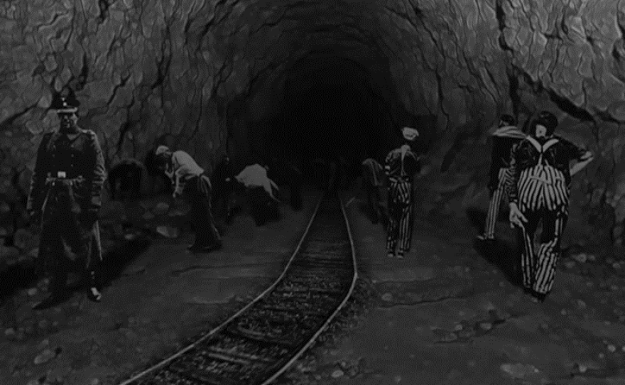 A still image from "Don't Forget Me," illustrating the mining tunnels at the Ebensee concentration camp in Austria, where George Brent and other inmates were forced to perform slave labor.