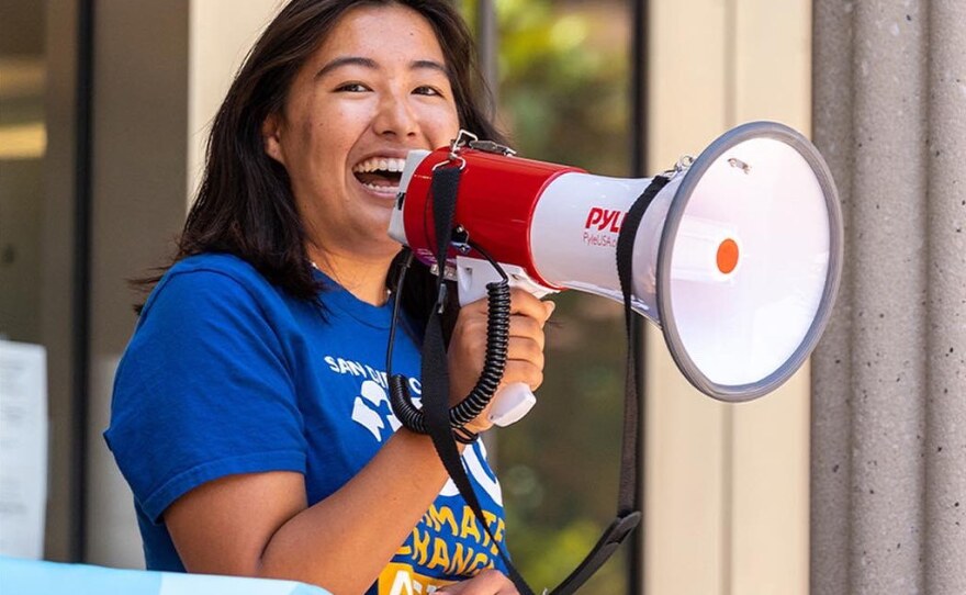 16-year-old Keala Minna-Choe is pictured on July 2, 2022 leading chants at a protest against the U.S. Supreme Court decision limiting the EPA's power to regulate power plant emissions.<br/><br/>