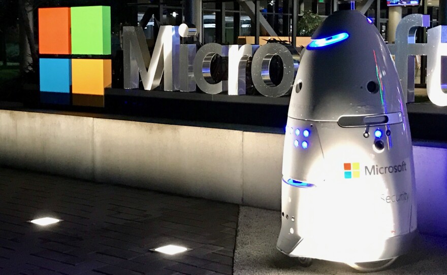 The Knightscope robots collect surveillance data and alert human authorities when the robots sense a situation needs police attention and action.