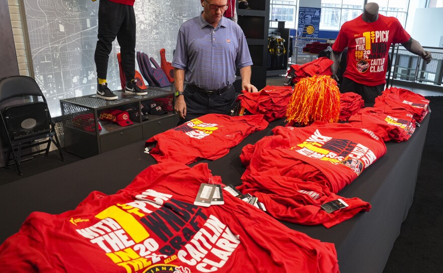 The Indiana Fever team store in Indianapolis displays Caitlin Clark merchandise. Her official jersey has sold out from many online retailers.