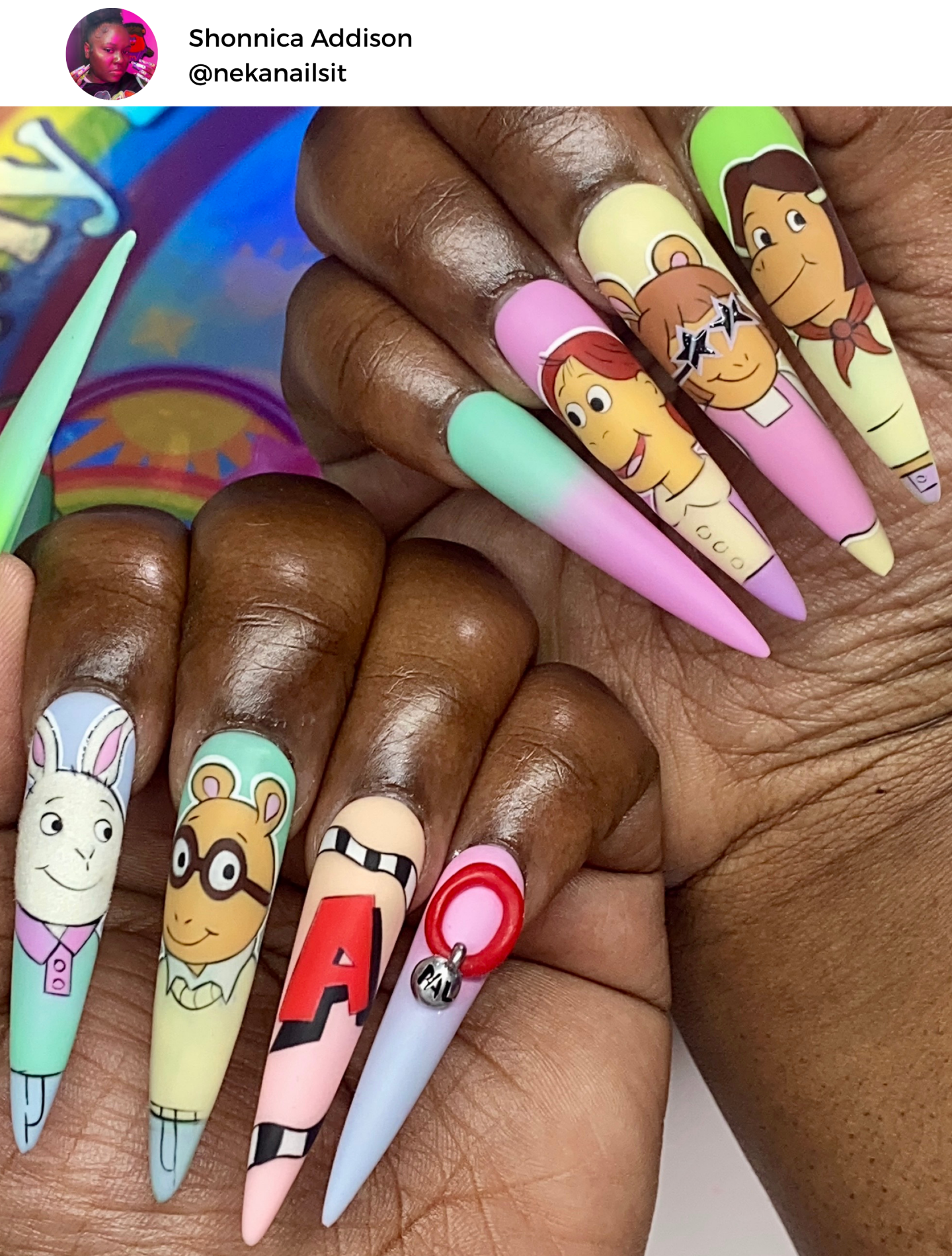 "I created this nail art of Arthur because I'm a '90s kid who grew up watching the show, and the nostalgia behind it hits home to this day. So many good memories of living with my grandmother and not always being super well off, but Arthur was always accessible."