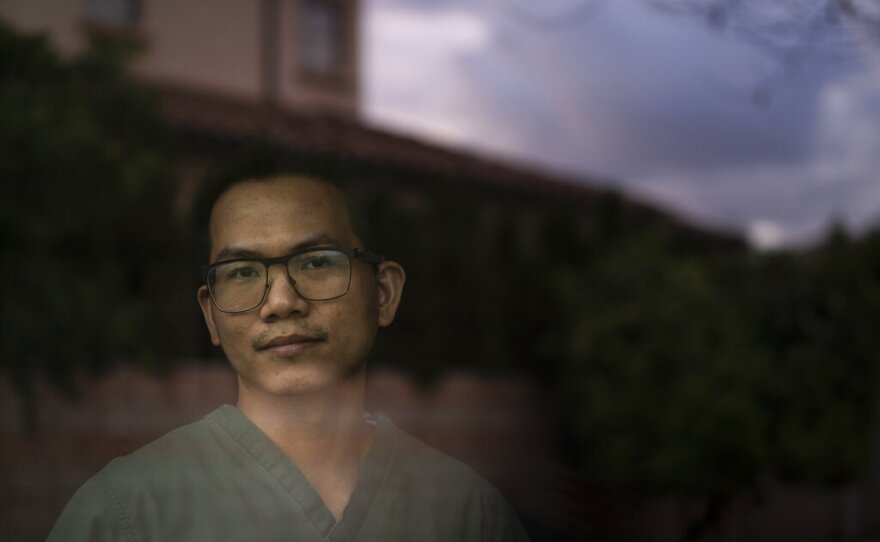 ICU nurse Meynard Villa poses for photos in his start-up senior care home in Arcadia, Calif., Thursday, March 25, 2021. Villa was on the verge of losing his family’s $150,000 investment in his new senior care home because he couldn't hire workers while grappling with a glitchy state system designed to automate criminal background checks. 

