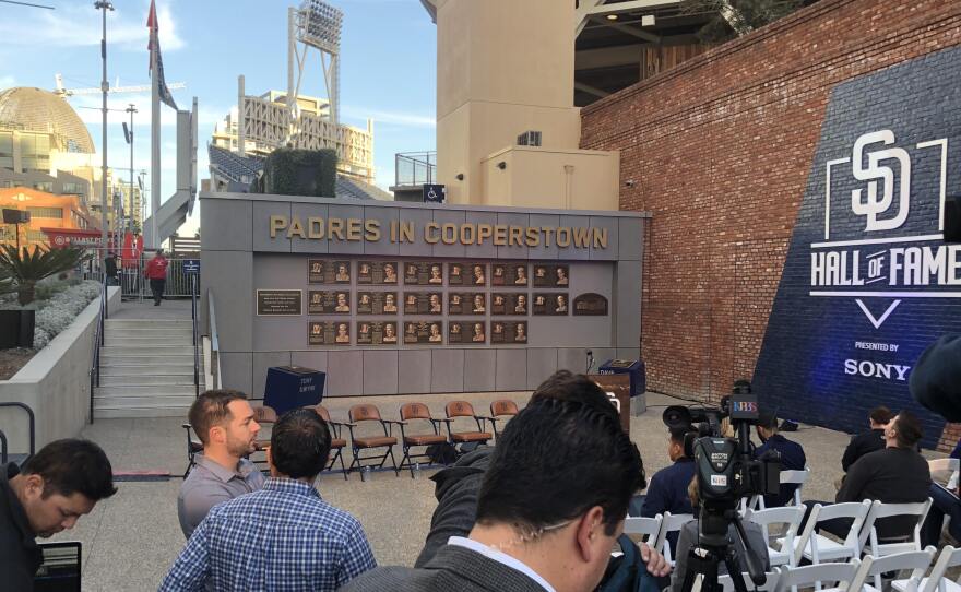 Camera crews wait for the Padres to make an announcement regarding former Padres relief pitcher Trevor Hoffman being elected to the National Baseball Hall of Fame, Jan. 24, 2018.