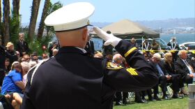 A San Diego police officer salutes during the 30th annual Law Enforcement Officers' Memorial Ceremony, May 7, 2014.