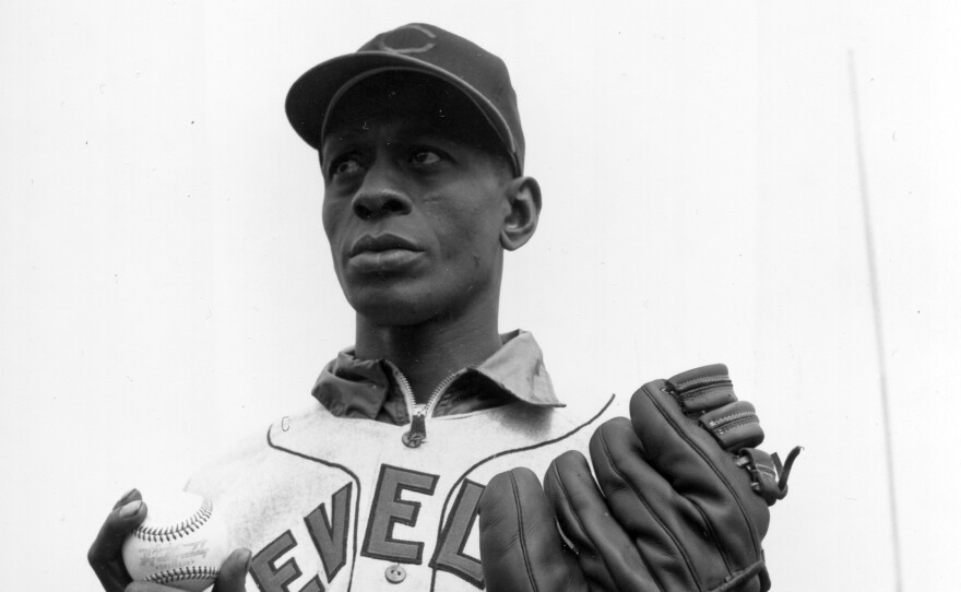 Satchel Paige is shown during a World Series game against the Boston Braves in Boston on Oct. 6, 1948. Paige and Larry Doby were two Black players who helped Cleveland's baseball team win the World Series.