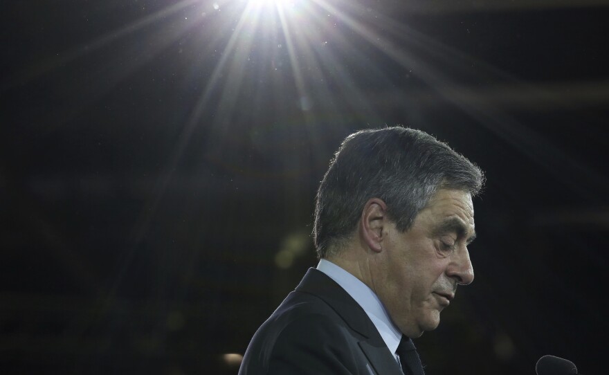 Conservative French presidential candidate Francois Fillon delivers a speech April 9 during a campaign meeting in Paris. The two-round presidential election is set for April 23 and May 7. Fillon has played up his religion during the campaign, and that has played well with France's Catholics.
