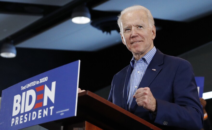 Former Vice President Joe Biden speaks during a caucus night event Saturday in Las Vegas.