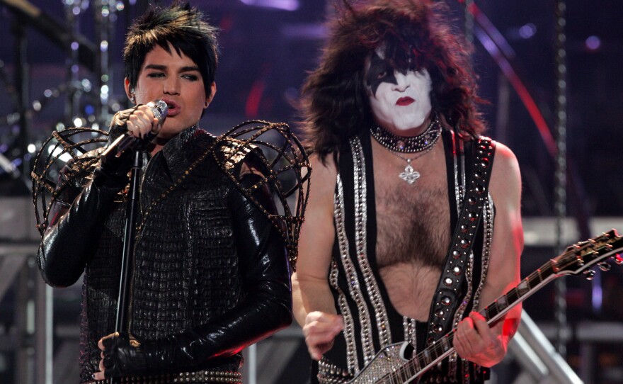 Adam Lambert (left) and Paul Stanley of the band Kiss perform during the season finale of <em>American Idol</em> in 2009.