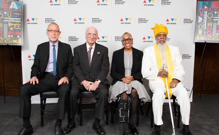 2017 NEA Jazz Masters Dave Holland, Dick Hyman, Dee Dee Bridgewater, and Dr. Lonnie Smith (not pictured: Ira Gitler) at the 2017 NEA Jazz Masters Awards Dinner, sponsored by BMI, on April 2, 2017.