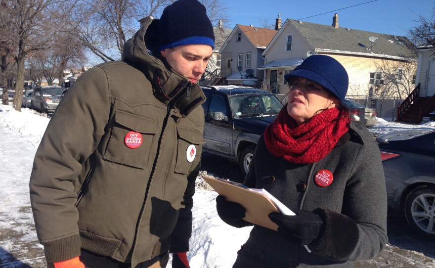 Susan Sadlowski Garza, a counselor at Jane Addams Elementary, canvases with supporters on the south side of Chicago. Garza is running for Chicago's City Council.