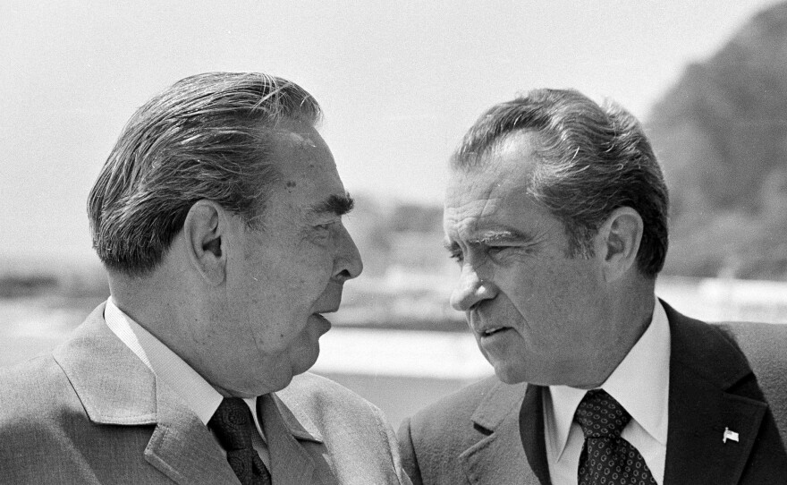 Soviet Communist party leader Leonid Brezhnev and U.S. President Richard Nixon walk around the grounds of Brezhnev's dacha by the Black Sea in Yalta, in June 1974.