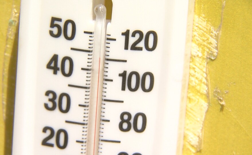 An outdoor thermometer shows the temperature well over 100 degrees at Cowles Mountain on June 10, 2019.