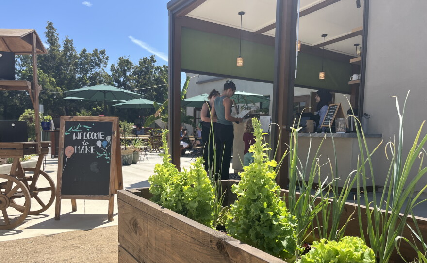 Customers order food and drinks at the Make Cafe outdoor cashier area, Aug. 21, 2026.