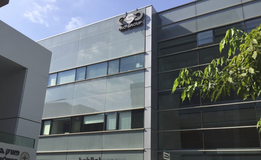 The logo of NSO Group displayed on a building where the Israeli cybersecurity company previously had offices, in Herzliya, Israel, in 2016.
