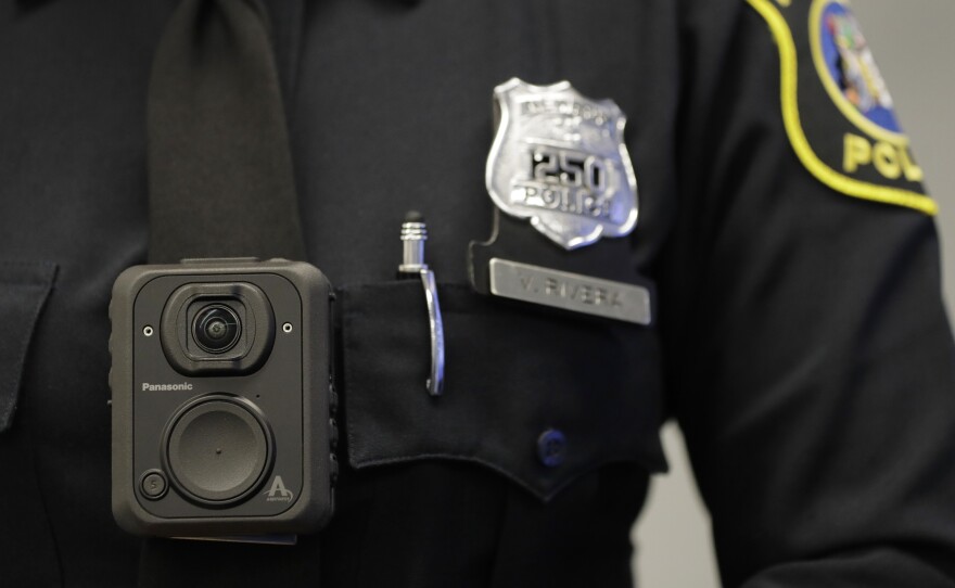 A Newark police officer wears a body camera last month. The cameras, which will be worn by officers as part of a federal monitoring agreement, are provided by Panasonic.
