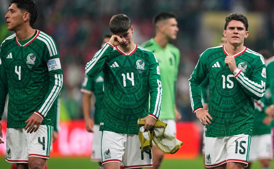 Mexico players react following the World Cup round of 16 soccer match between Mexico and England in Mexico City, Sunday, July 5, 2026.
