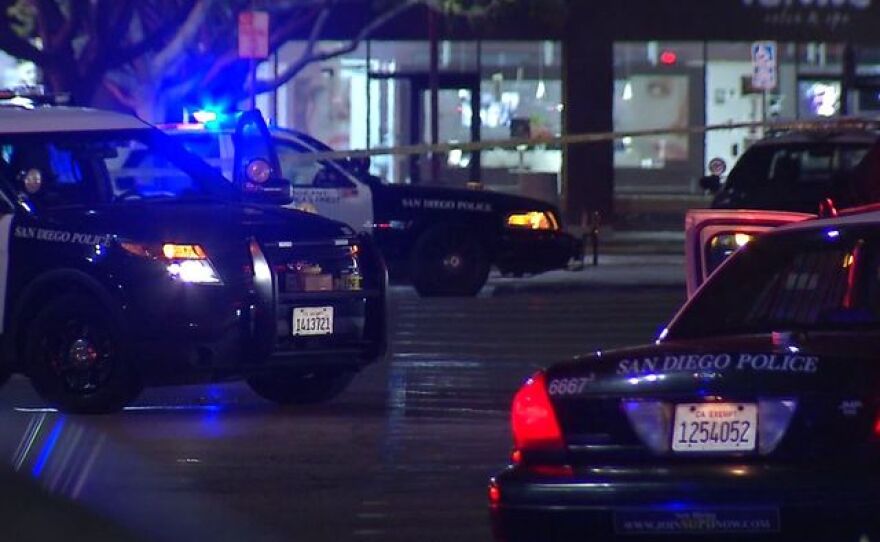 At the scene of an officer-involved shooting outside a CVS store in Mission Valley, Aug. 28, 2015.
