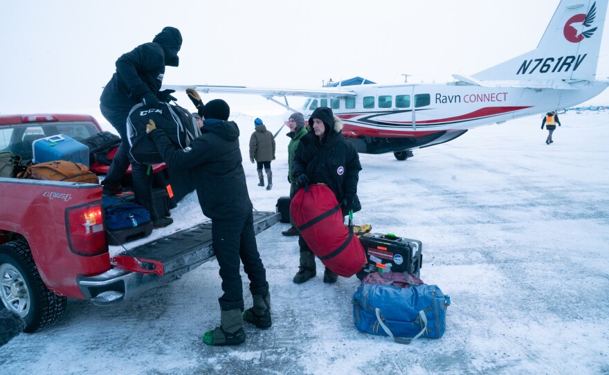 Census workers and their production crew arrive in Toksook Bay. The Census Bureau's workers rely on bush planes, snow machines, or snowmobiles, and dog sleds to get to Alaskan villages to ask people their name, sex, age, race and other demographic information.