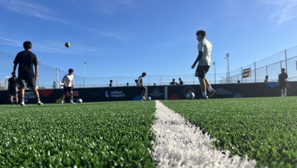Young kids kick around soccer balls on the turf fields at Adam R. Scripps Street Soccer Park, Feb. 25, 2026.