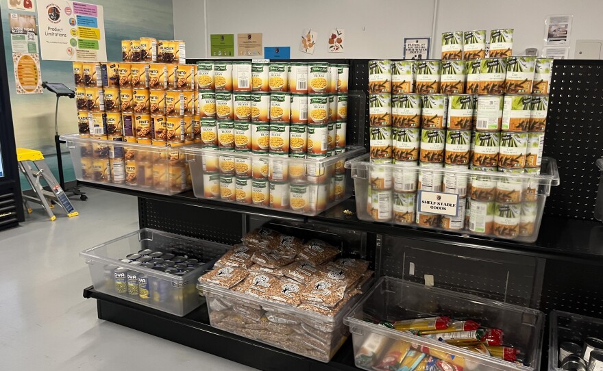 Canned and dry goods sit on a shelf in San Diego City College's Knights’ Table Food Pantry on Tuesday, Oct. 28, 2025.